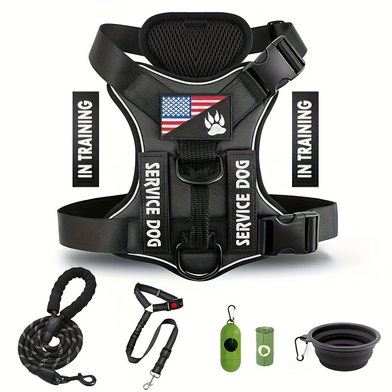 No Pull Dog Harness with 5 PCS Patches, Adjustable Dog Vest Harness and Leash Set with Dog Seat Belt, Collapsible Bowls and Poop Bag Dispenser for Training Walking Hiking