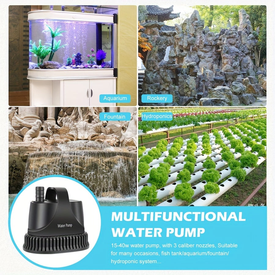 Aquarium Water Pump 800GPH, 40W Submersible Circulation Pump with Adjustable Flow, 3 Nozzle Adapters and Filter Bag for Ponds, Fountains and Hydroponics