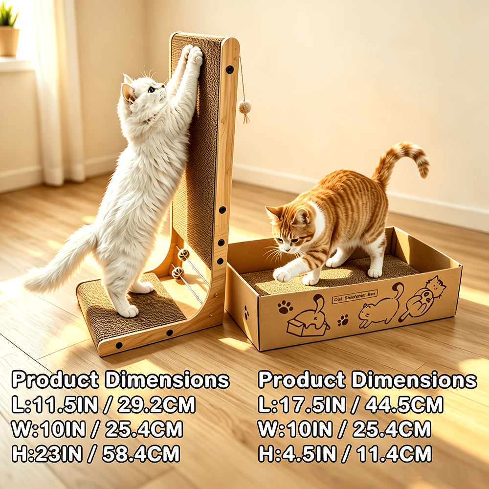 Cat Scratching Board with Toy Balls, 23-Inch L-Shaped Cardboard Scratcher for Indoor Cats, Vertical Stretch and Floor Scratch Pad, 1 or 3 Pieces