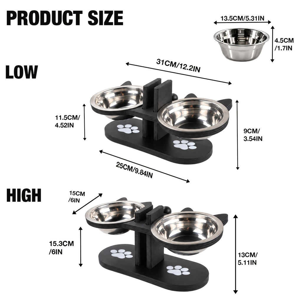 Double Cat Bowl Stand with Two Stainless Steel Dishes, 15 Degree Tilted Adjustable Black Wooden Feeder for Cat and Small Dog Food and Water