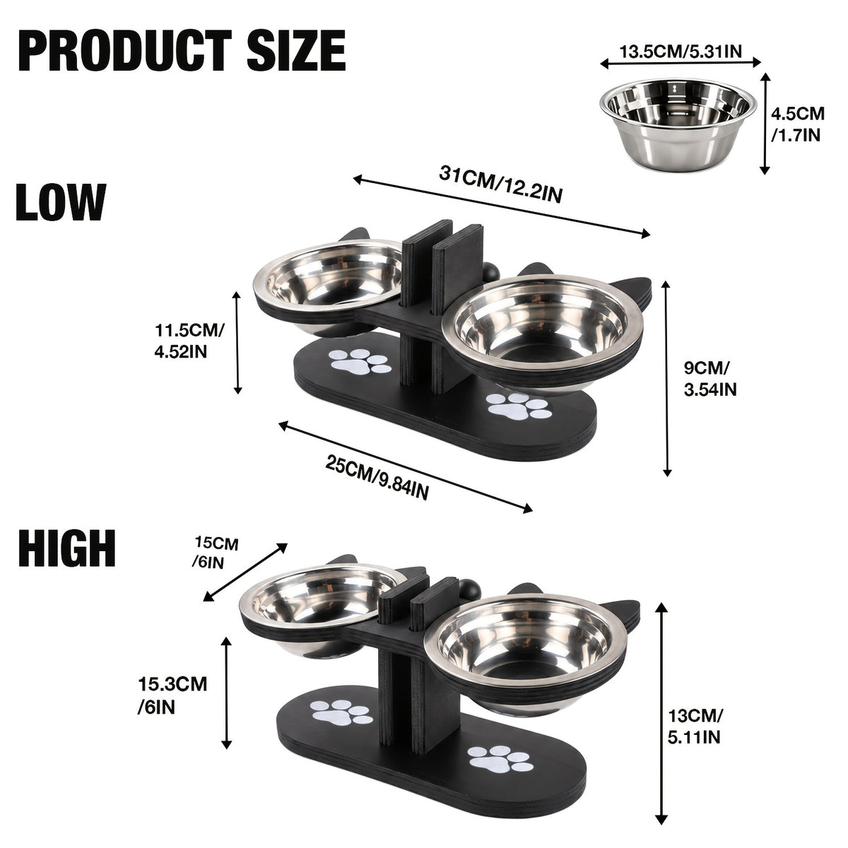 Double Cat Bowl Stand with Two Stainless Steel Dishes, 15 Degree Tilted Adjustable Black Wooden Feeder for Cat and Small Dog Food and Water