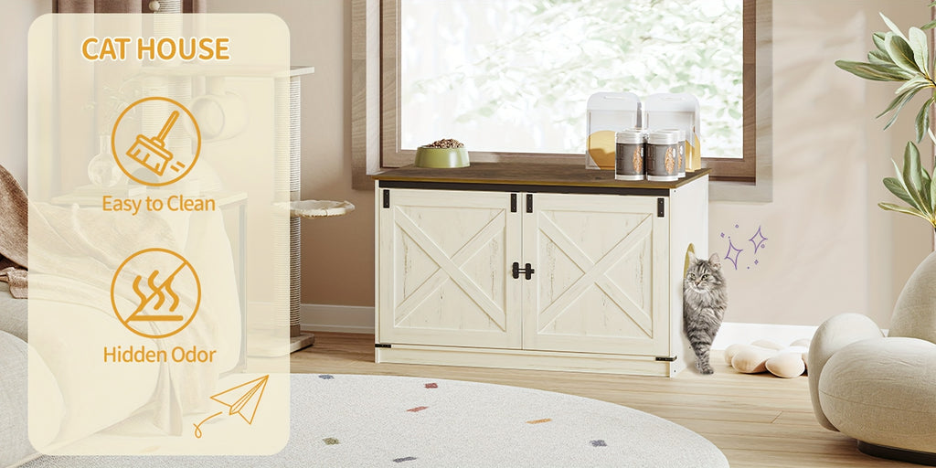 Hidden Litter Box Furniture with Barn Doors, Farmhouse Cat Cabinet with Reversible Entrance, Removable Divider and Ventilation Holes