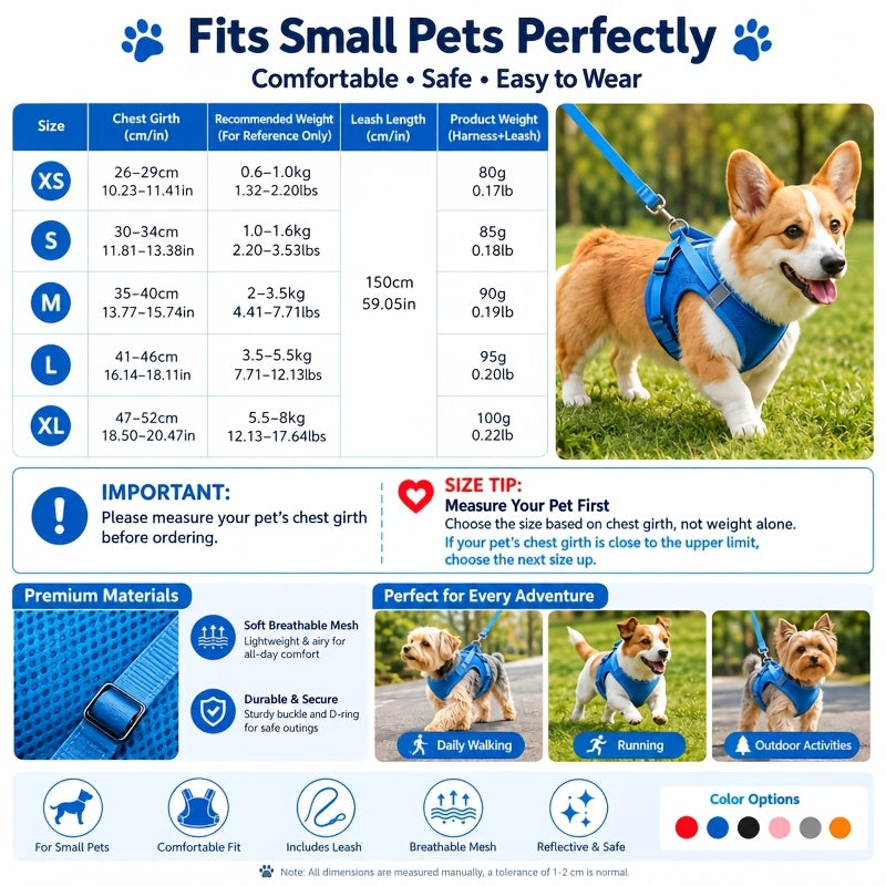 Small Dog Harness and Leash Set, Lightweight Breathable Mesh Vest with Reflective Trim for Cats and Puppies, XS S L XL Walking Gear