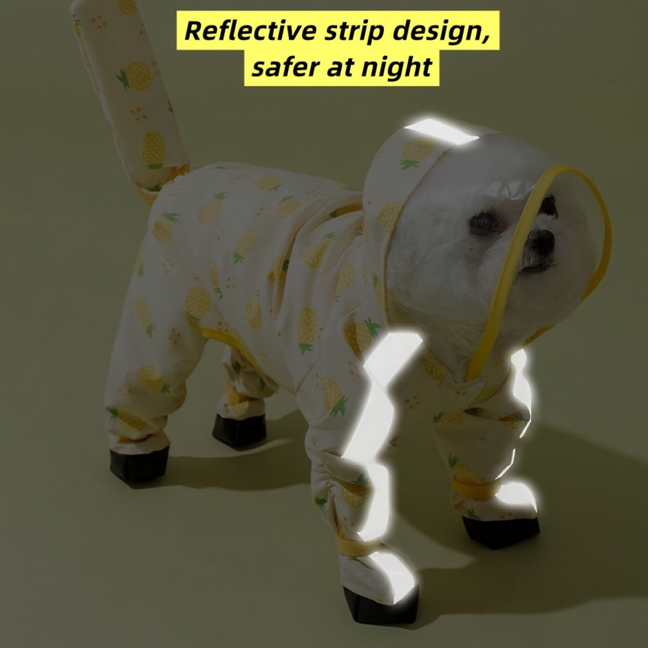 Dog Raincoat with Four-Leg Coverage, Reflective Strip, Extended Brim & Snap Closure for Rainy Walks, Pink Strawberry or Yellow Pineapple