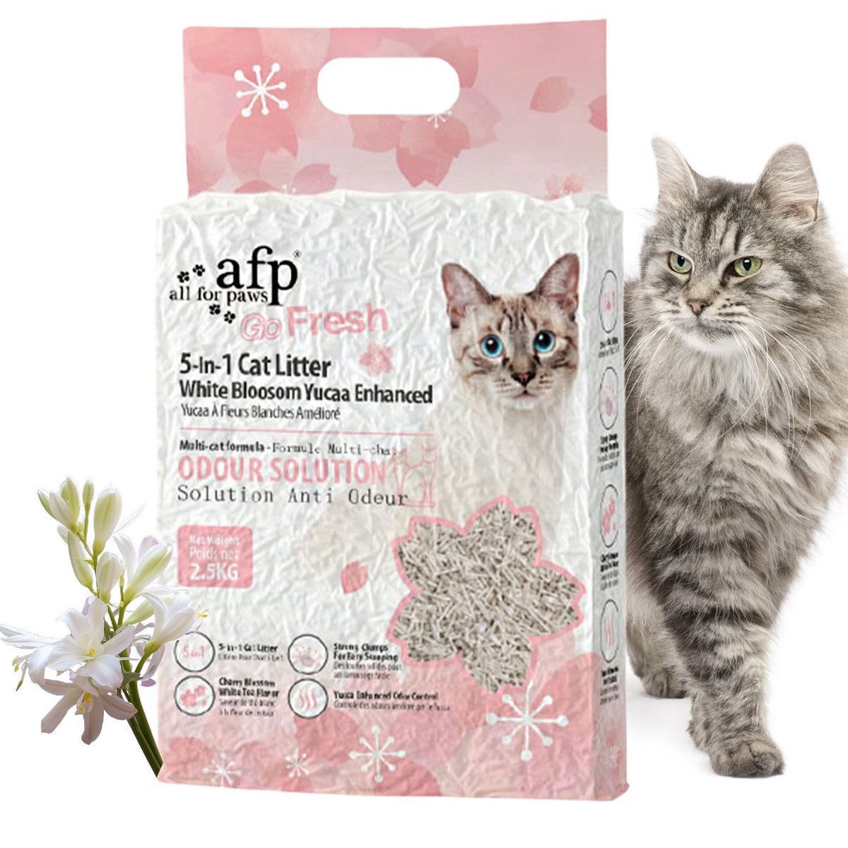 White Blossom Tofu Cat Litter, All For Paws 5-in-1 Yucca-Enhanced Low-Dust Clumping Blend for Indoor Cats, 11 lb, 22 lb or 33 lb Pack Options