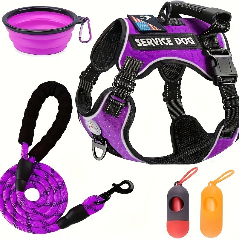Dog Harness Walking Kit with Reflective No-Pull Adjustable Harness, Leash, Water Bowl and Two Bag Holders, 5-Piece Set for Small Medium and Large Dogs
