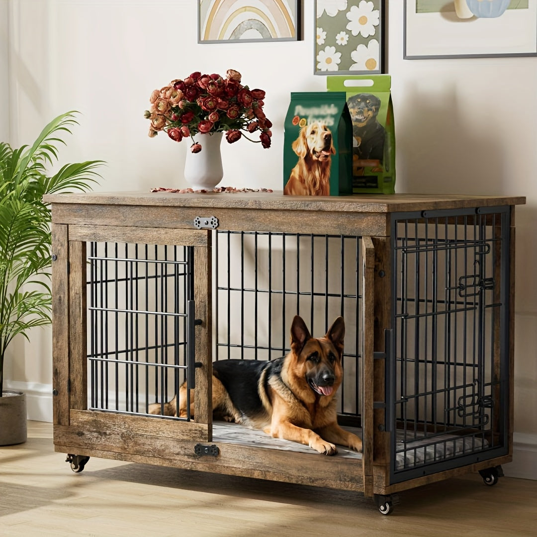 Wooden Dog Crate Furniture with Cushion Mat, 4 Sizes, Metal Bar Kennel End Table with Secure Lock, Reversible Side Door, Wheels or Anti-Slip Feet, Gray or Brown for S to XL Dogs