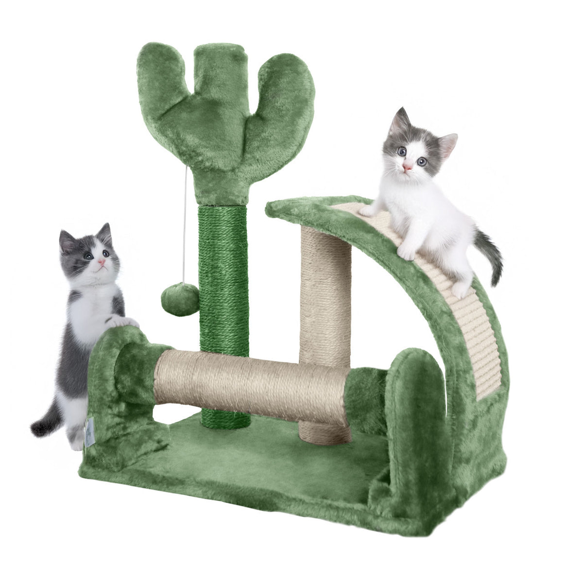 Small Cactus Cat Tree for Kittens, Green 20-Inch Indoor Cat Tower with Three Sisal Scratching Posts, Arched Pad and Interactive Ball