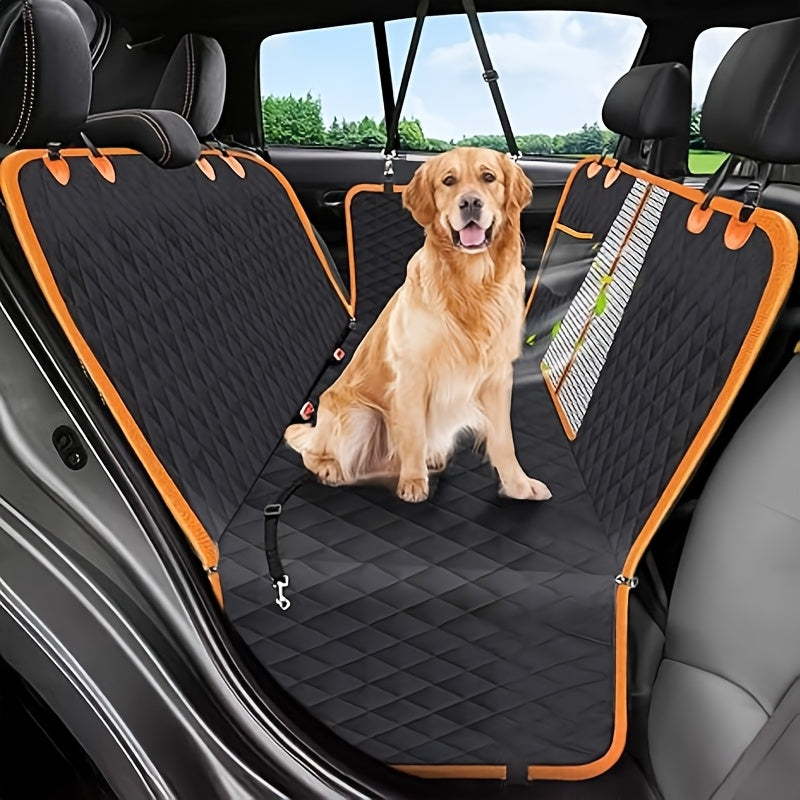 Heavy Duty Dog Car Seat Cover with Side Flaps, Non-Slip Nylon Backseat Protector with Orange Edge or Black Mesh Zipper Style for SUVs, Sedans and Trucks