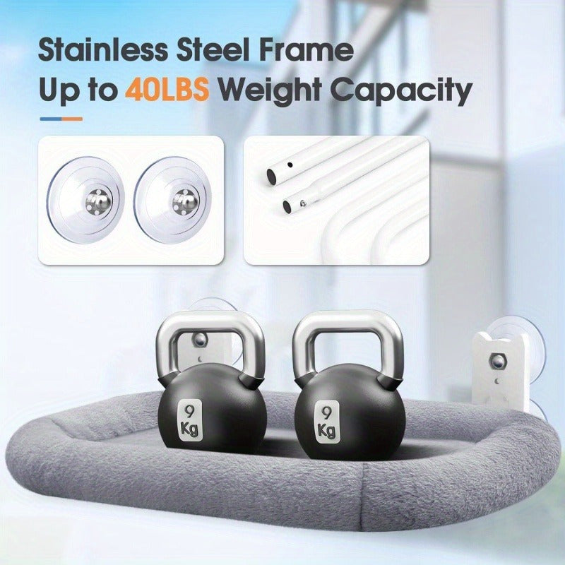 Folding Cat Window Perch with Plush Padded Bed, Cordless Metal Frame Hammock and 4 Suction Cups, 24.8 x 15.35 Inch Indoor Cat Lounger