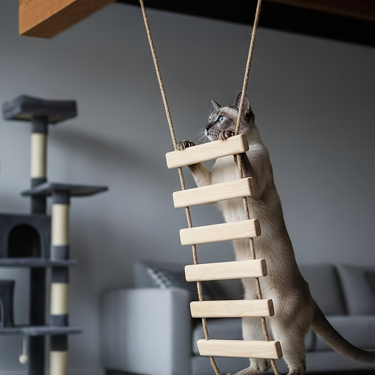 Cat Rope Ladder Bridge for Indoor Climbing, Wooden Rung Pet Walkway with Rope-Wrapped or Bare Wood Styles, 13.78 to 39.37 Inch Options