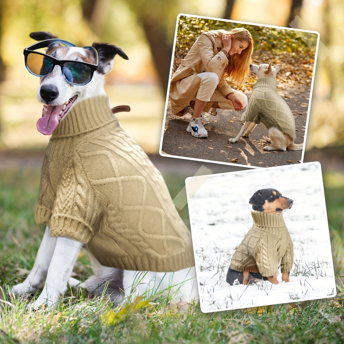 Cable Knit Dog Sweater with Turtleneck and Long Sleeves, Soft Warm Pullover for Small to Medium Dogs, Five Colors and XS-XL Sizes