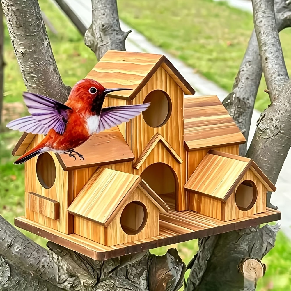 Wooden Birdhouse with Multi-Cottage Design, Rustic Pitched Roof Bird House in Dark Brown for Outdoor Garden Decor and Backyard Bird Lover Gifts