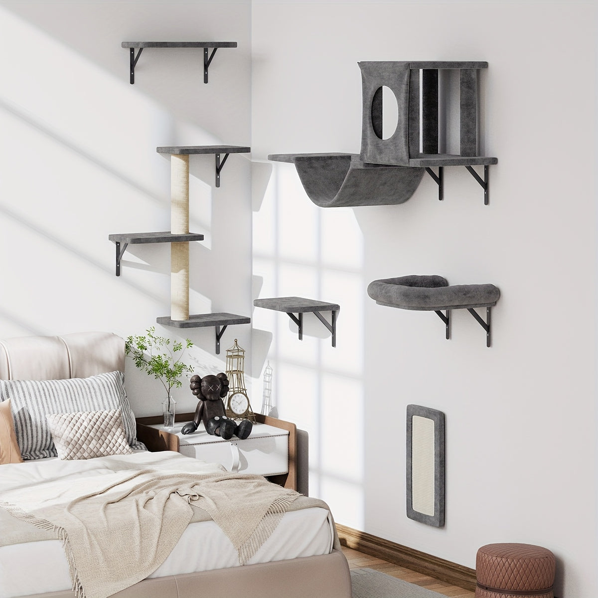 Cat Wall Climbing Shelves with Condo, 6-Piece Wall-Mounted Furniture Set with Scratching Post, Bridge Ladder and Board for Small and Medium Indoor Cats