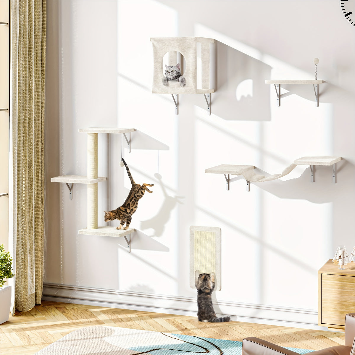 5-Piece Cat Wall Shelves Set with House, Bridge Hammock, Scratching Post and Pad, Wall-Mounted Indoor Climbing Furniture in Grey or Beige