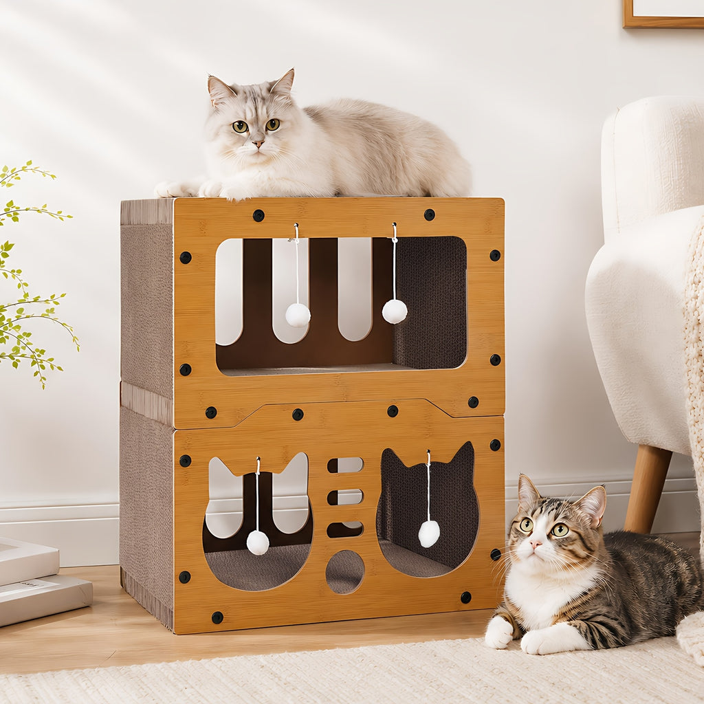 Cardboard Cat House with Scratching Board and Pompom Toy, Indoor Cat Hideout Bed for Scratching and Resting, Single or Double Layer Options