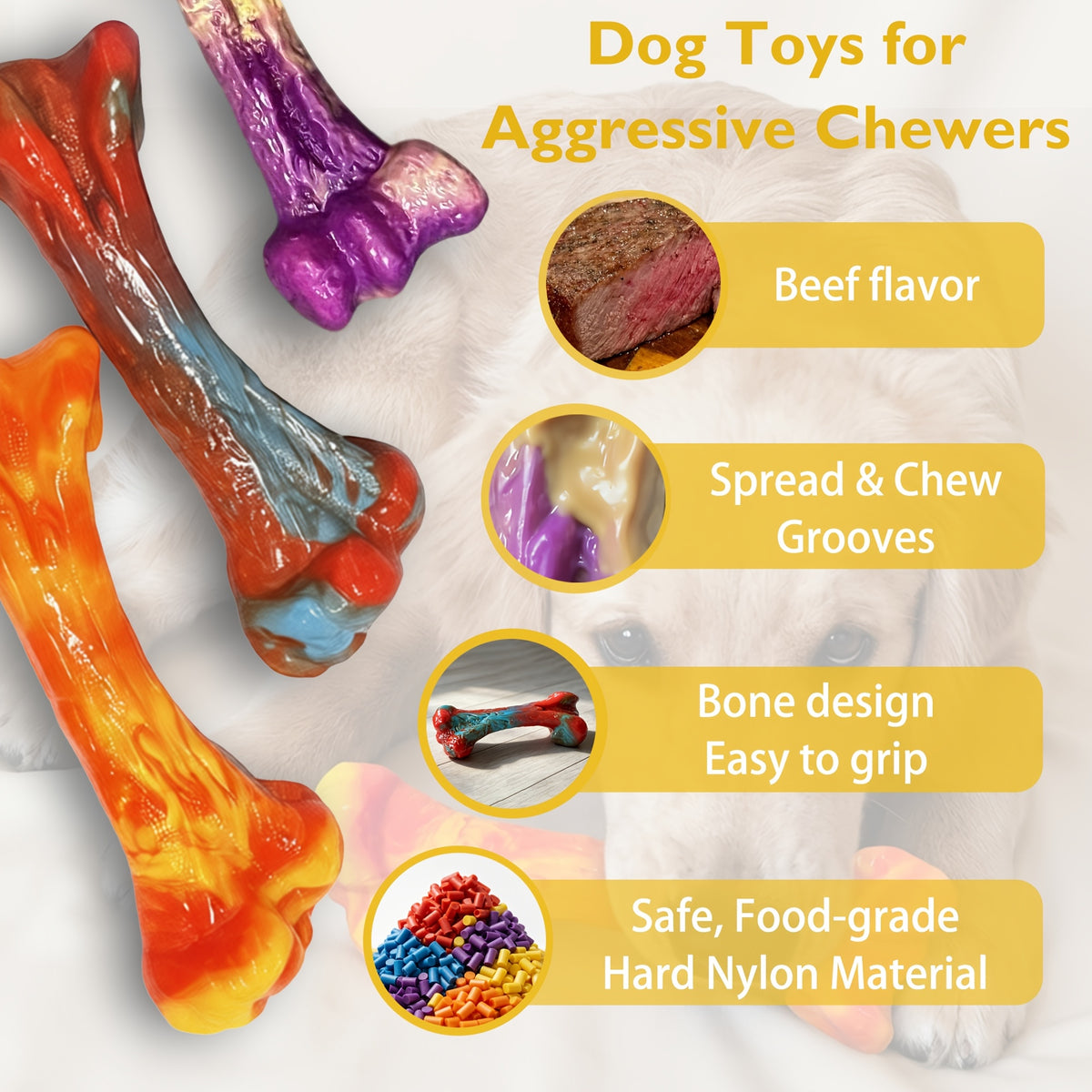 Beef-Scented Dog Chew Toys 3-Pack, Textured Bone-Shaped Chewing Toys for Medium and Large Dogs, Purple Red Orange Supervised Play Set