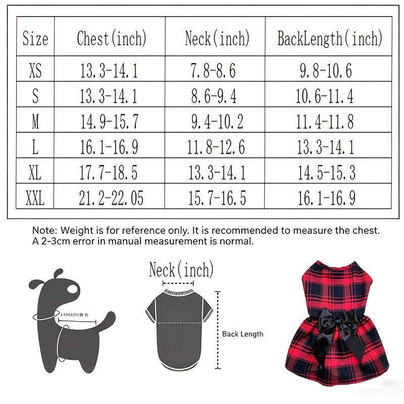 Plaid Dog Dress with Bow for Dogs and Cats, Red Academic Style Pet Outfit in XS–XXL with Random Poop Bag Dispenser and 4 Bells