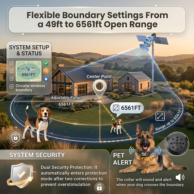 Adjustable GPS Wireless Dog Fence with 49–6561 ft Listed Range, Rechargeable Boundary Training Collar with Beep, Vibration and Static Modes for Outdoor Yards