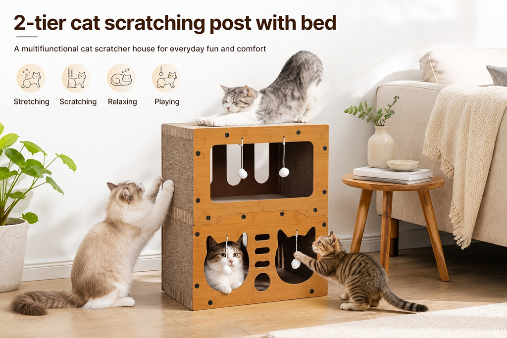 Cardboard Cat House with Scratching Board and Pompom Toy, Indoor Cat Hideout Bed for Scratching and Resting, Single or Double Layer Options