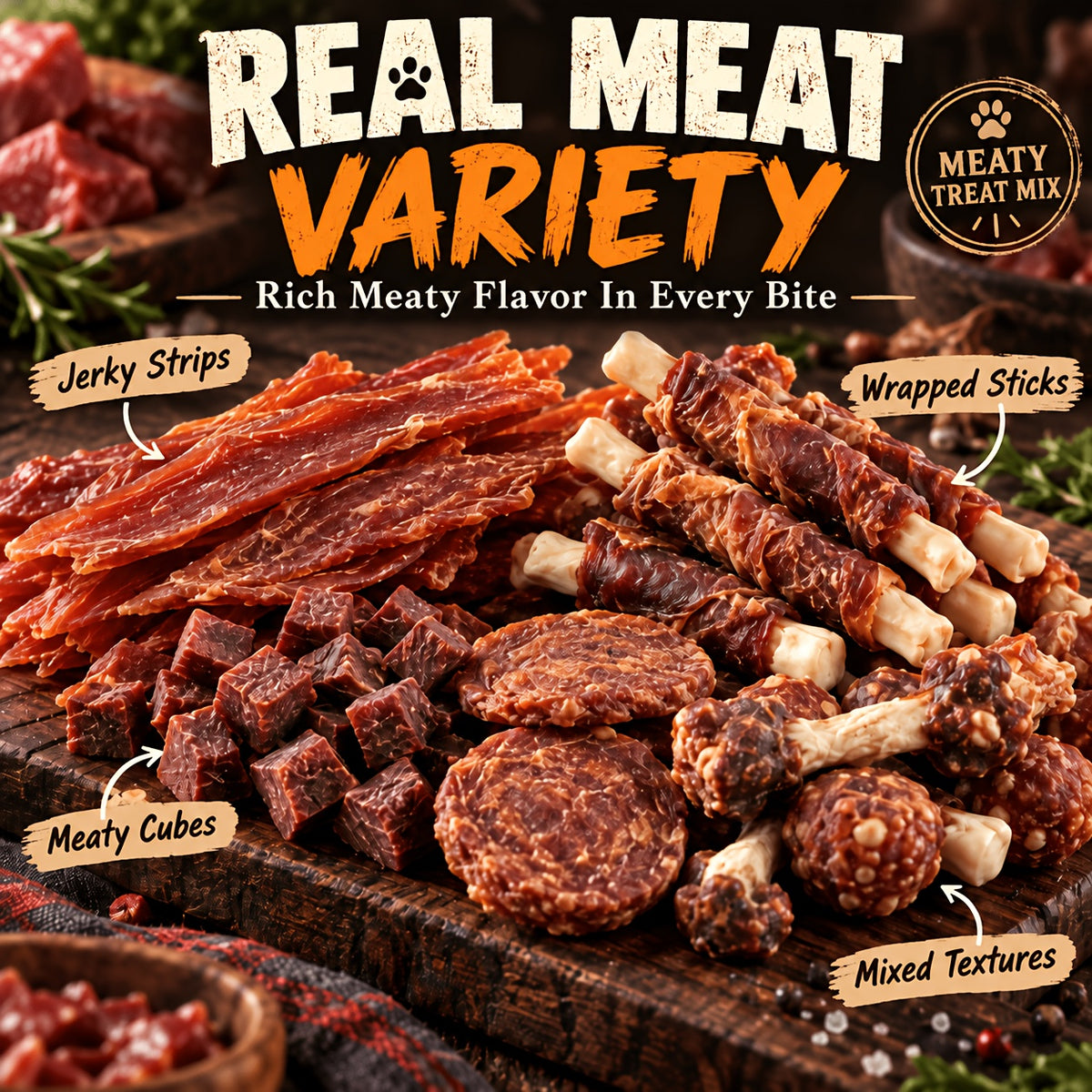 Dog Snack Variety Selection with Chicken Liver, Duck Jerky, Beef Cubes and Sweet Potato Donut Options for Supervised Training Rewards