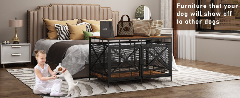 Dog Crate Furniture with Wooden Top, Heavy Duty Corner Dog Kennel with Double Doors and High-Density Metal Mesh, Indoor End Table Crate for Medium and Large Dogs, Vintage