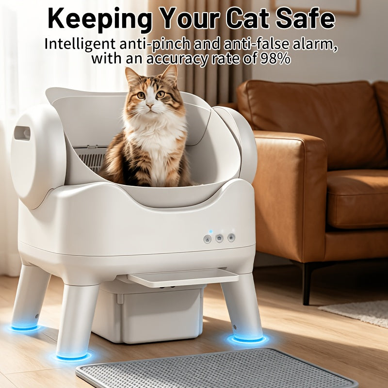 Automatic Cat Litter Box with 4-Gallon Waste Bin, Open-Top Self-Cleaning Cat Toilet with No App, Washable Liner, Litter Mat and Waste Bags