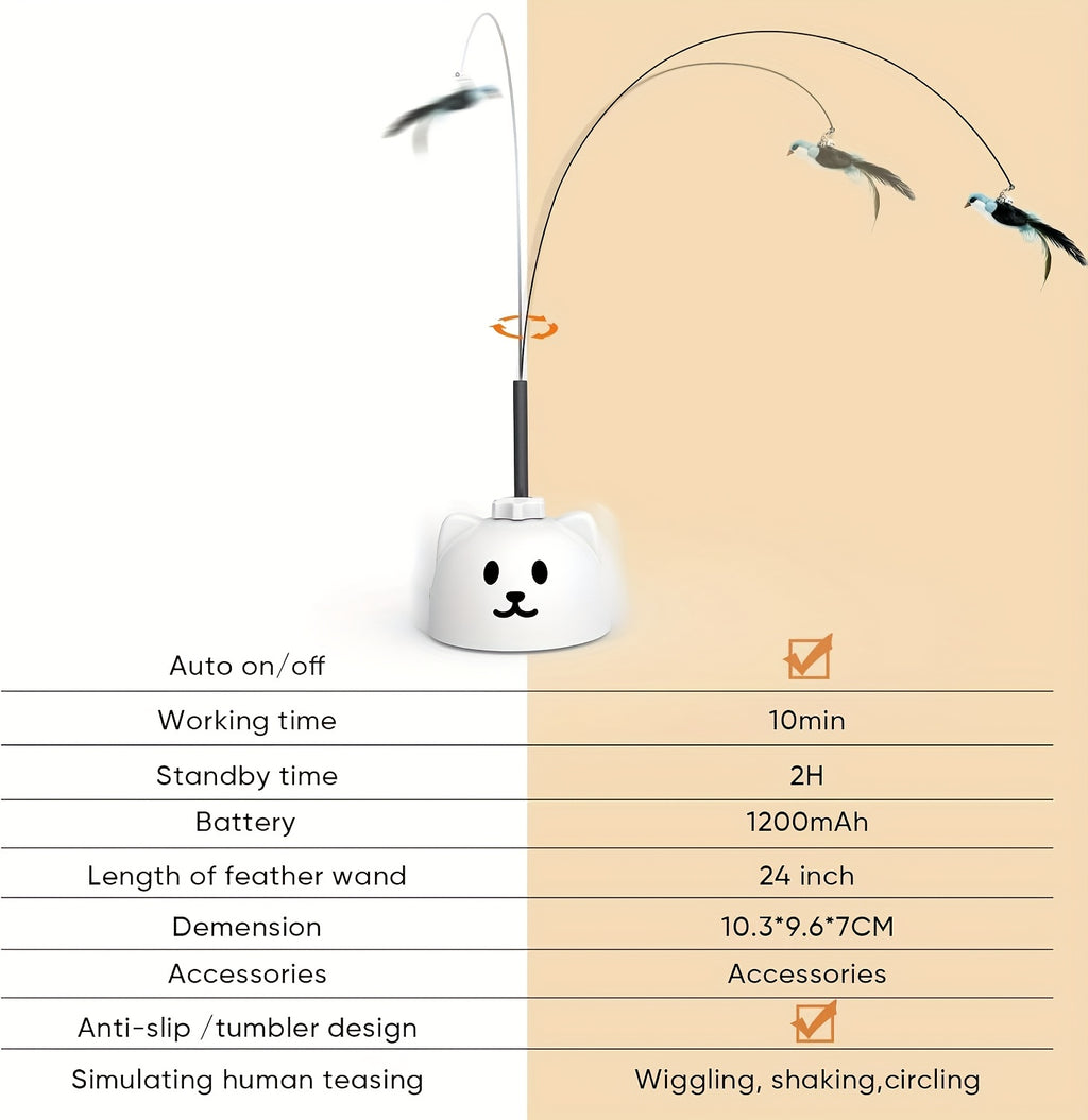 Automatic Bird Cat Toy with Rotating Feather Wand, USB Rechargeable Suction Cup Teaser with Touch Wake-Up for Supervised Indoor Play, White or Black