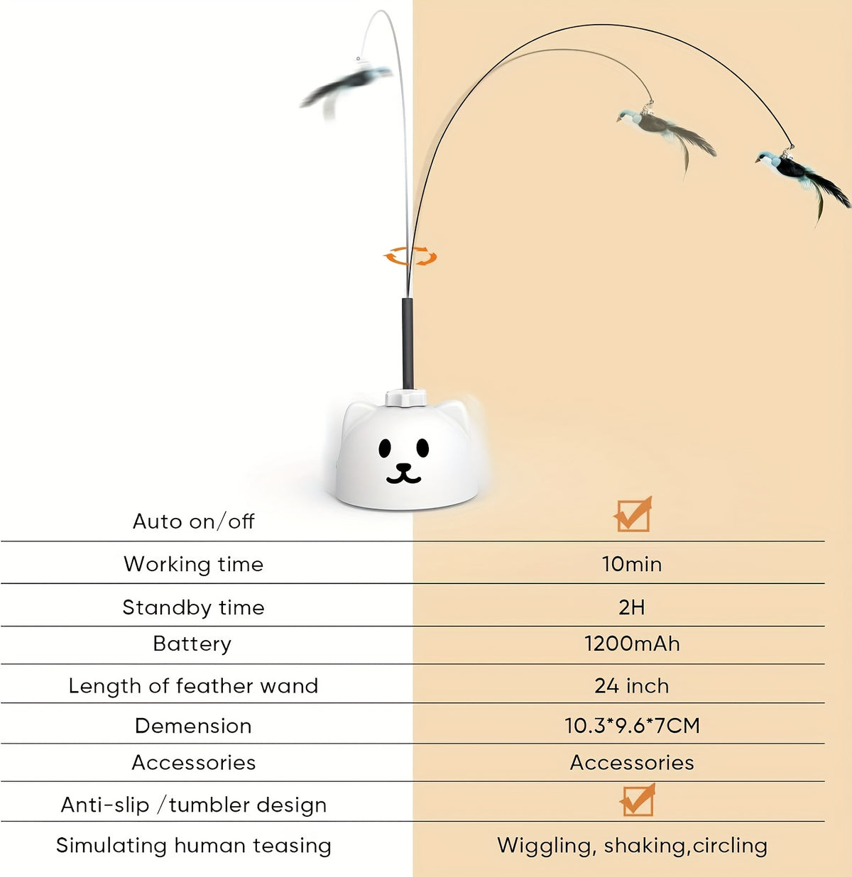 Automatic Bird Cat Toy with Rotating Feather Wand, USB Rechargeable Suction Cup Teaser with Touch Wake-Up for Supervised Indoor Play, White or Black