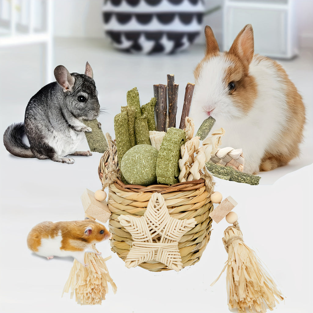 Rabbit Chew Toys Basket for Bunnies and Hamsters, Assorted Chewable Small Pet Enrichment Toys in Classic Style for Supervised Indoor Play