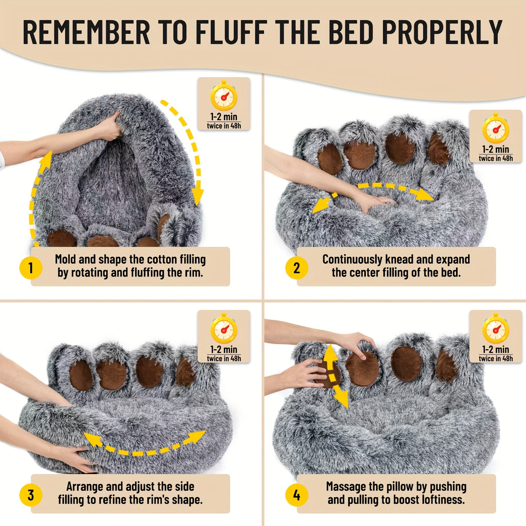 Bear Paw Dog Bed with Plush Raised Sides, Soft Cozy Cat Sleeping Cushion for Indoor Naps, Five Color Options and Six Sizes