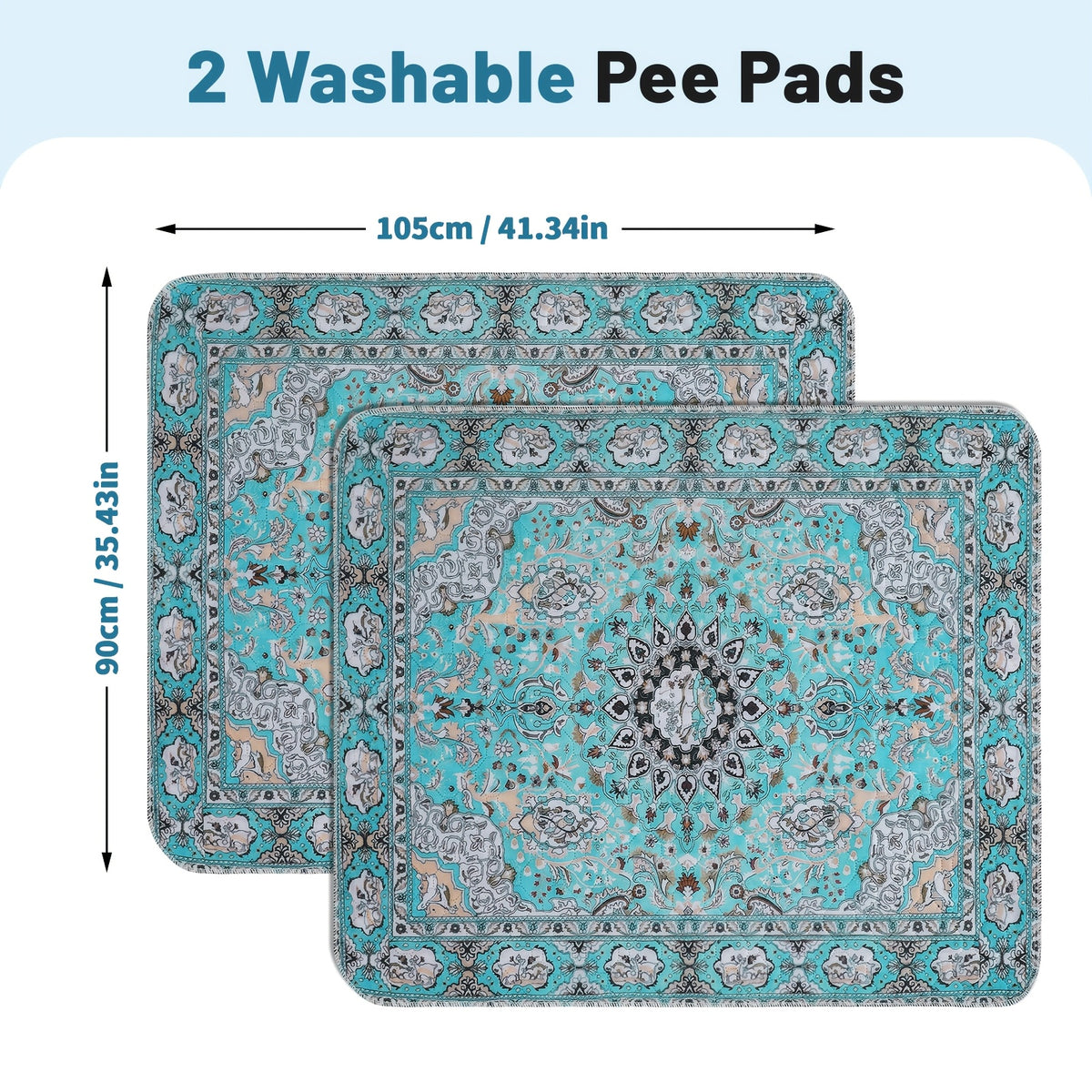 Washable Dog Pee Pads with Teal Medallion Print, 2 Pack Reusable Non-Slip Puppy Potty Training Mats for Floors, Crates and Couch Protection
