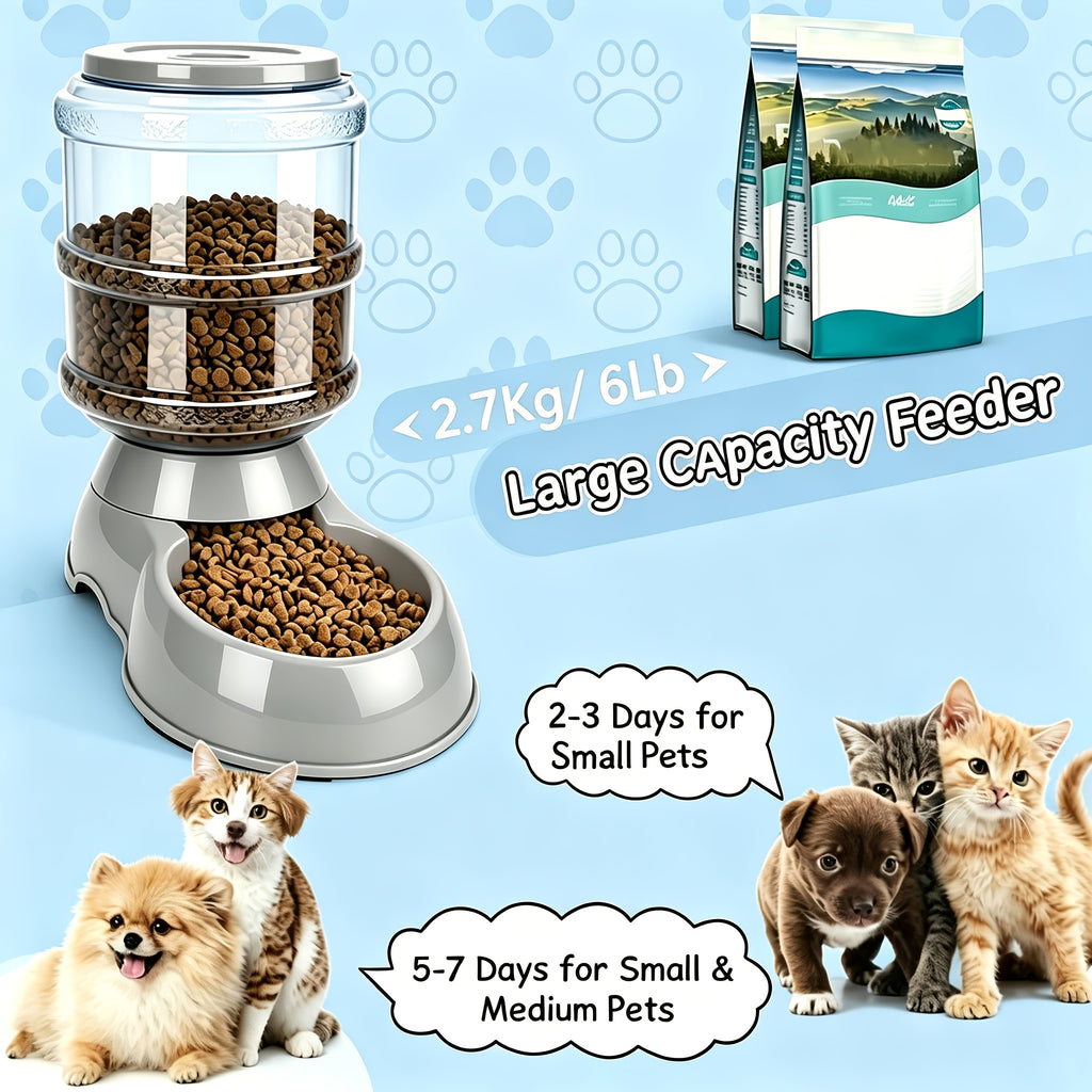 Gravity Pet Dispenser for Food or Water, Battery-Free Feeder or 1 Gallon Waterer with Clear Reservoir for Cats and Small to Medium Dogs, Three Colors