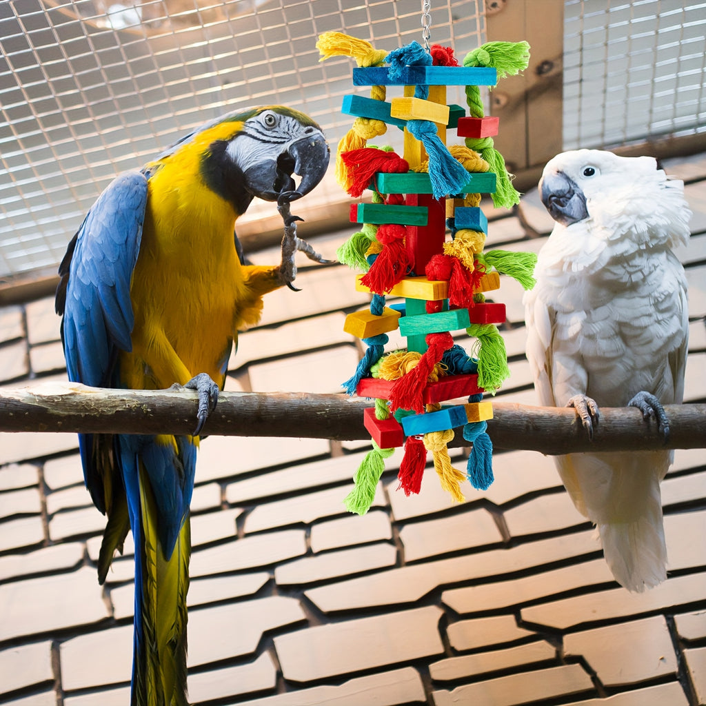Large Parrot Chew Toys 3 Pack, Colorful Wooden Block and Ball Hanging Cage Toys for Macaws, Cockatoos and African Greys, CUNNO Bird Enrichment Set