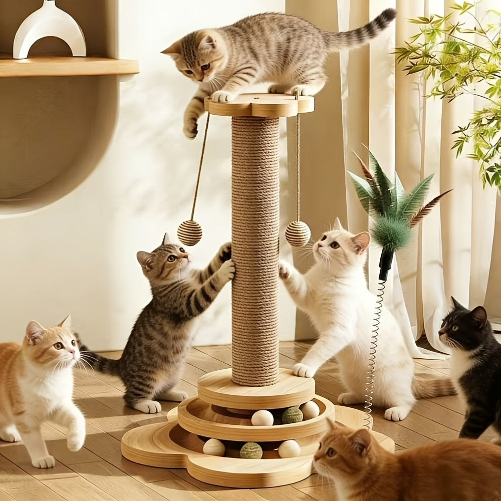 4-in-1 Cat Scratching Post with Ball Tracks, Hanging Toys and Feather Teaser for Indoor Cats, Small to Large and Replacement Column Options
