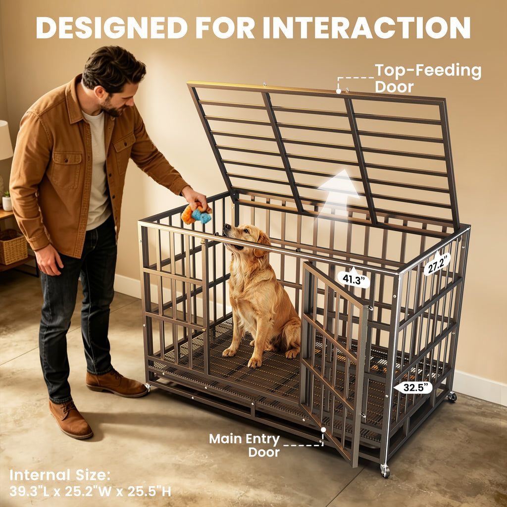 Heavy Duty Dog Crate with Top Opening, Black Steel Kennel in 42 or 48 Inch Models with Front Door, Lockable Wheels and Removable Cleaning Tray