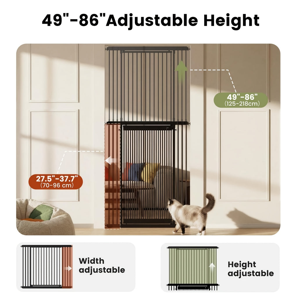 Extra Tall Cat Gate 49–86 Inch Adjustable Height, Pressure-Mounted Pet Barrier for Doorways and Hallways, Black or White Dog Gate