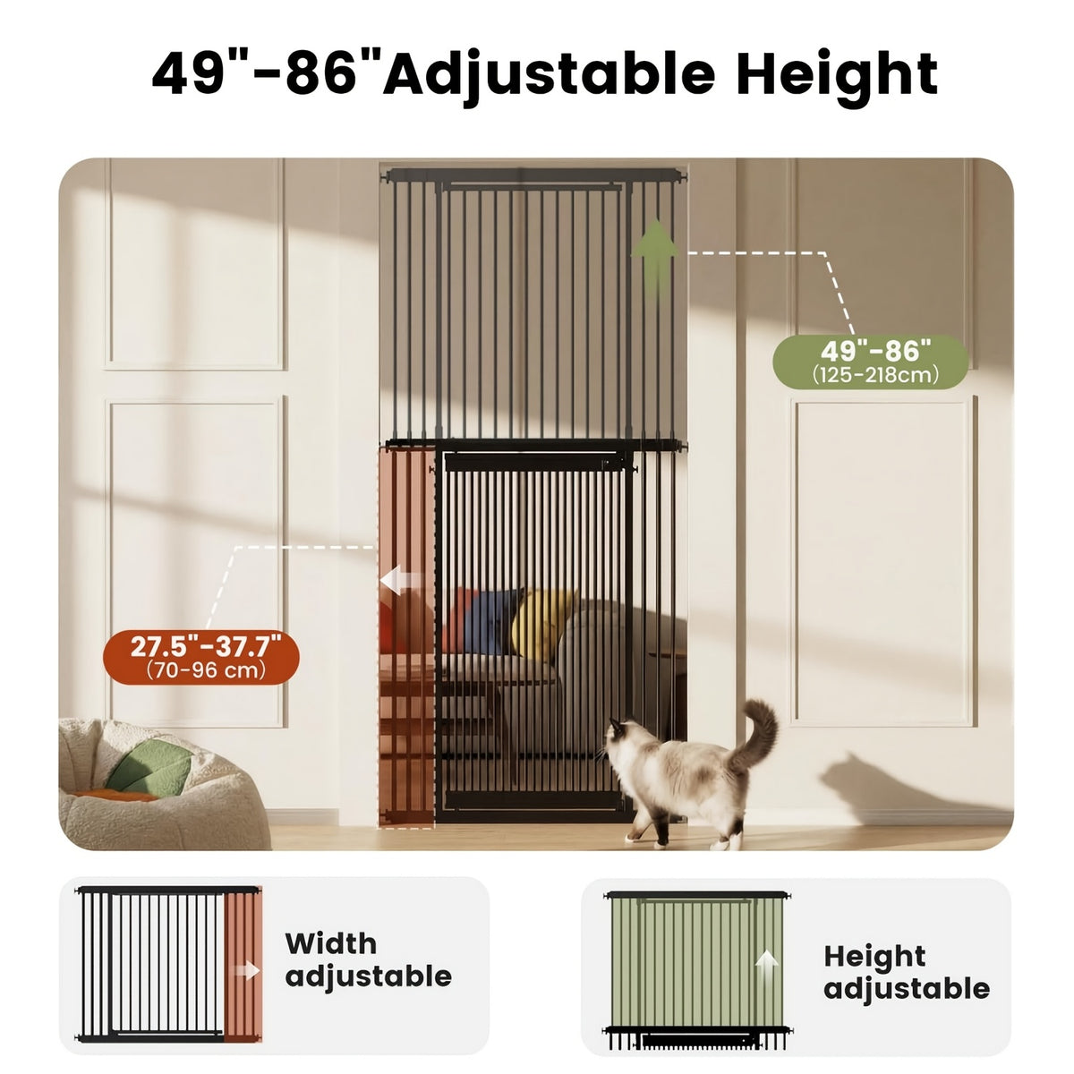 Extra Tall Cat Gate 49–86 Inch Adjustable Height, Pressure-Mounted Pet Barrier for Doorways and Hallways, Black or White Dog Gate