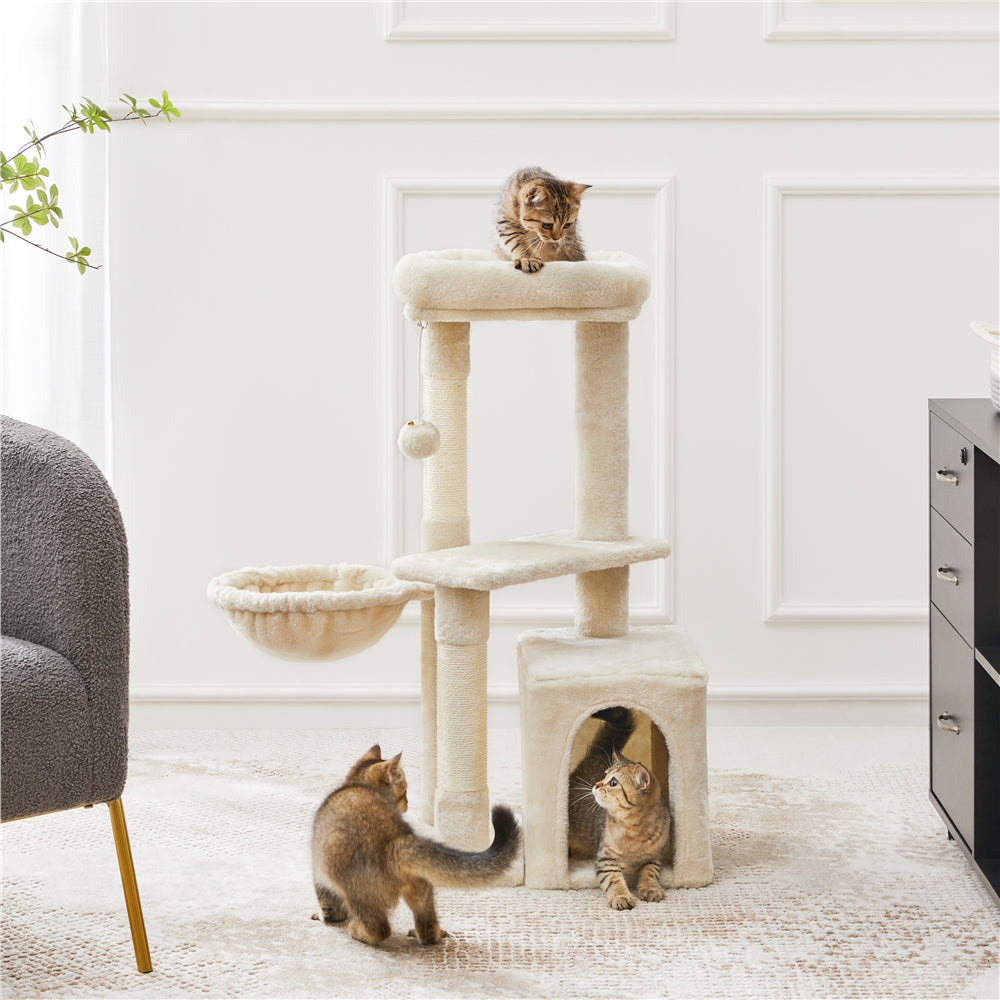 Cat Tree 34.5 Inch with Condo and Basket, Plush Indoor Cat Tower with Nest, Platform, Three Sisal Scratching Posts and Scratching Board in Five Colors