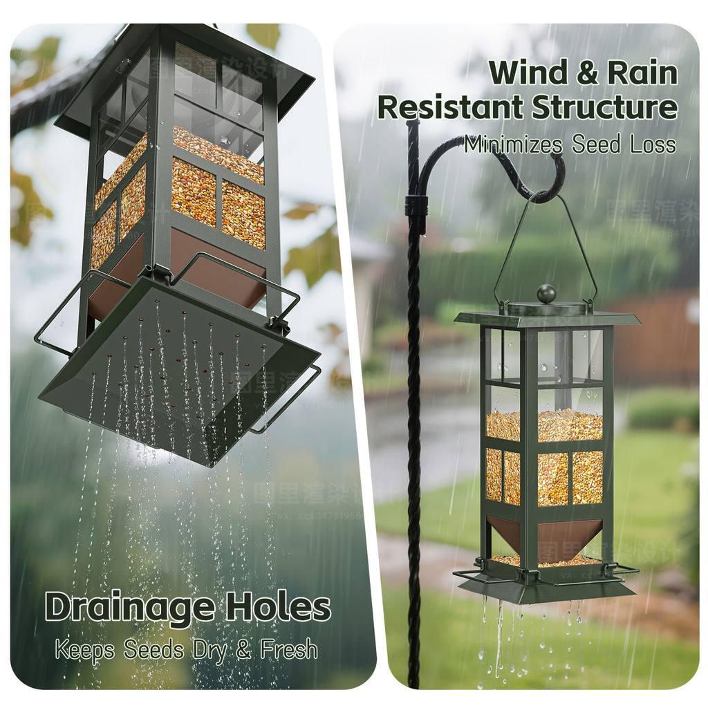 Four-Port Bird Feeder for Outdoors, Green Metal Hanging Wild Bird Feeder with Drainage Holes and Easy-Fill Design for Backyard Birdwatching