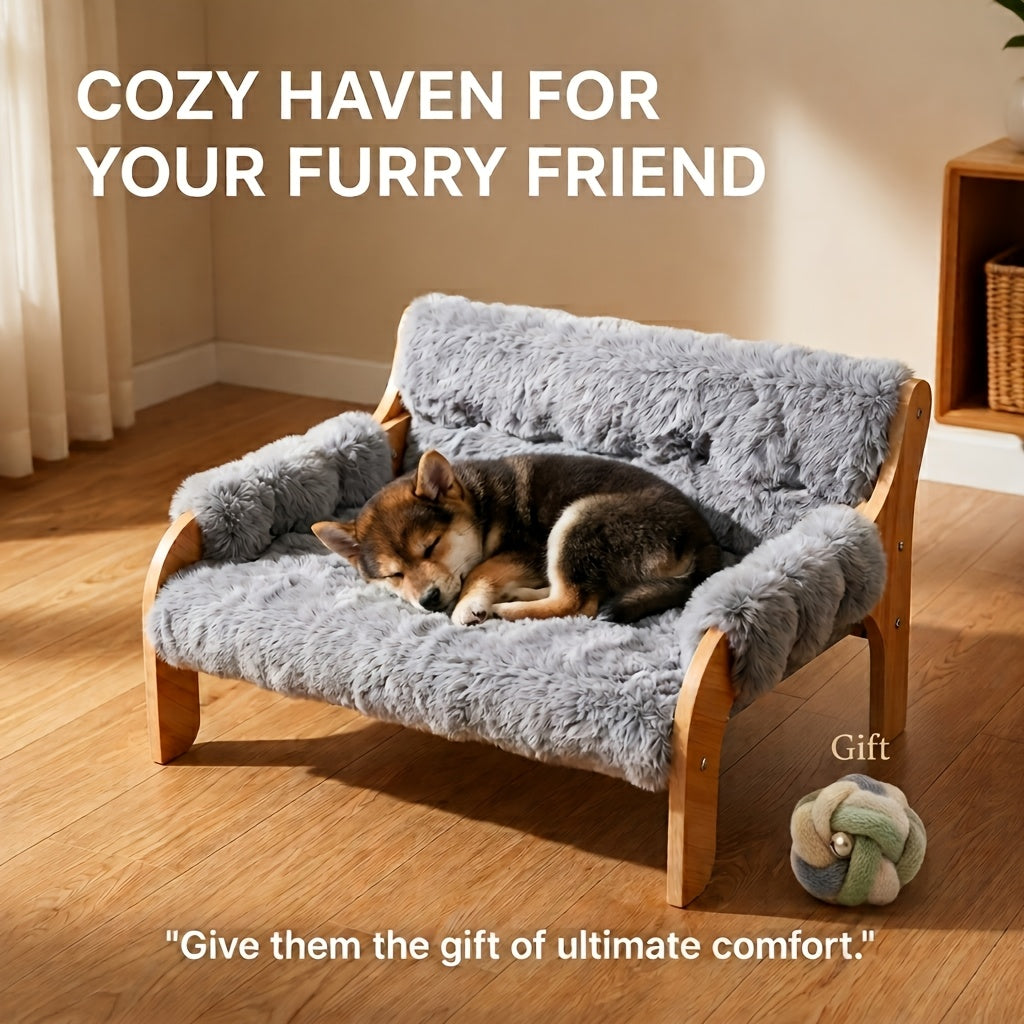 Wooden Cat Sofa Bed with Removable Washable Plush Blanket, Elevated Pet Couch for Cats and Small Dogs up to 40 lbs, Gray or White
