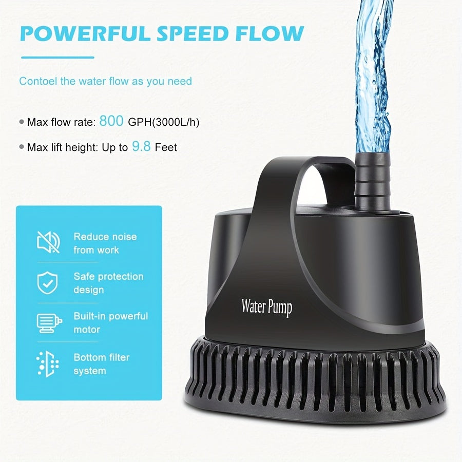 Aquarium Water Pump 800GPH, 40W Submersible Circulation Pump with Adjustable Flow, 3 Nozzle Adapters and Filter Bag for Ponds, Fountains and Hydroponics
