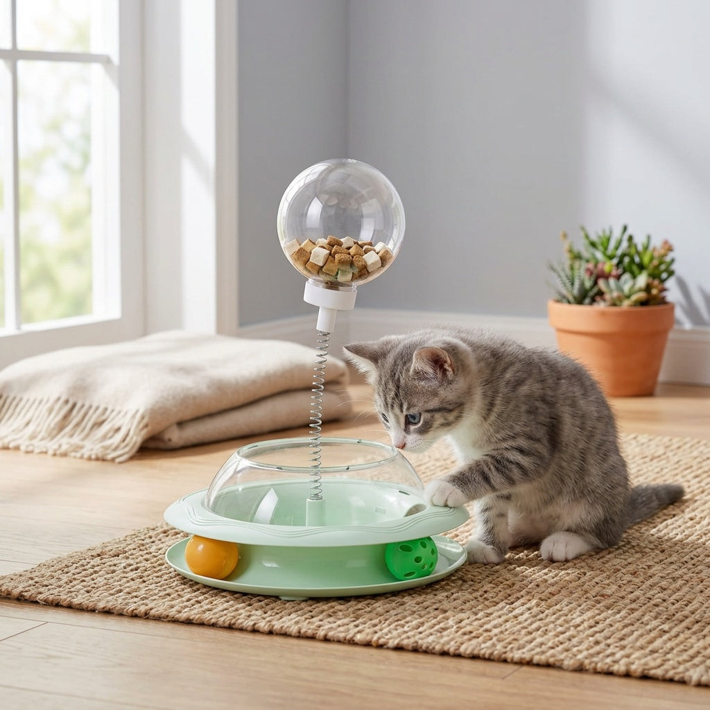 Rotating Cat Toy Wheel, Battery-Free Interactive Plastic Play Toy for Cats and Kittens, Pink or Green with Optional Teasing Feathers