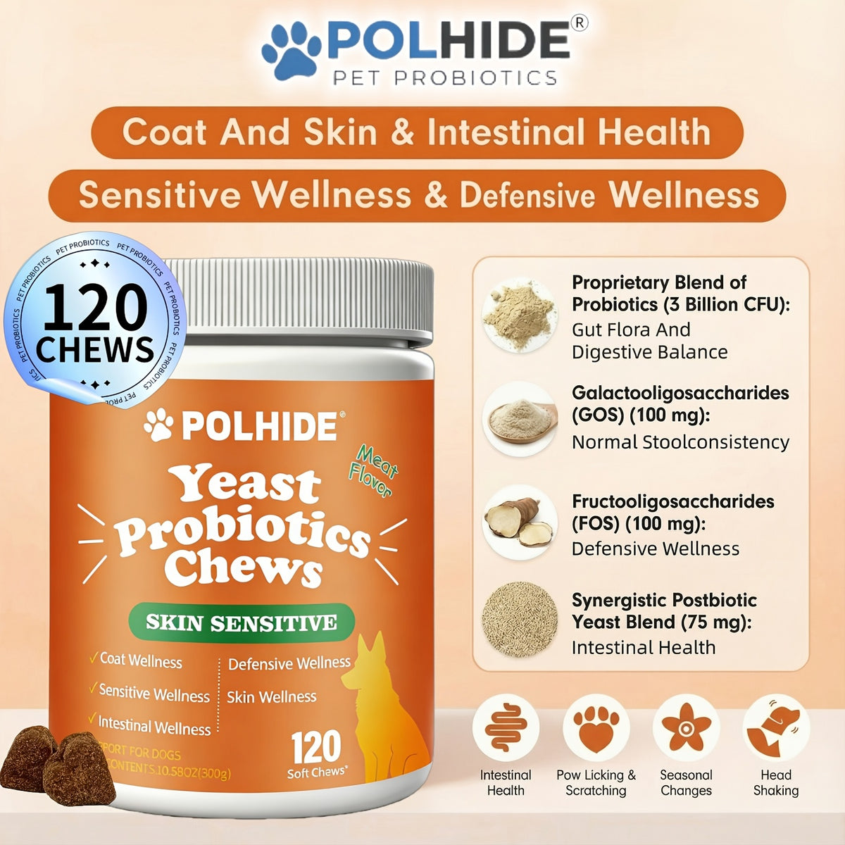 Meat Flavor Dog Probiotic Soft Chews, 120 Count Yeast Probiotic Supplement with Coat and Intestinal Care Labeling for Canine Wellness Routines