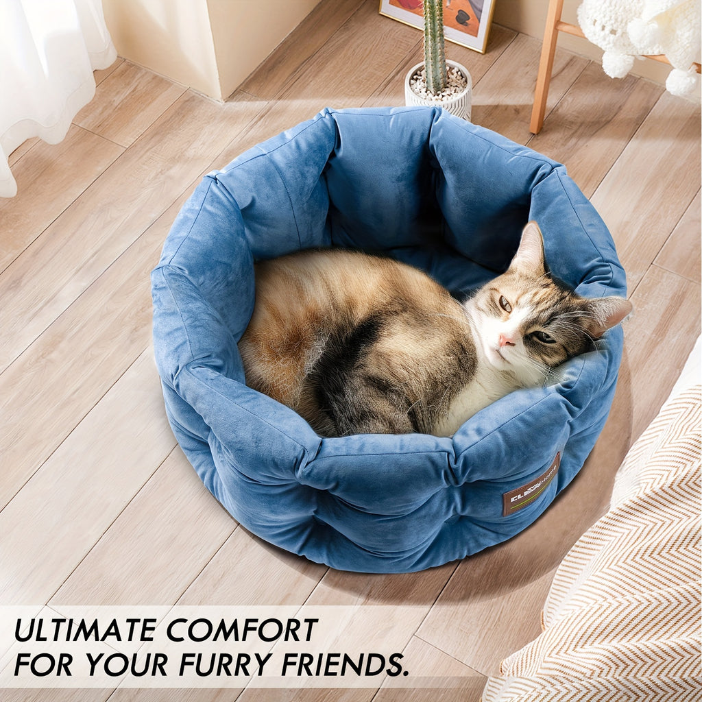 Deep Nest Cat Bed for Indoor Cats up to 15 lbs, 20-Inch Round Velvet-Feel Pet Sleeper with Extra-High Sides, Washable Design and Non-Slip Bottom