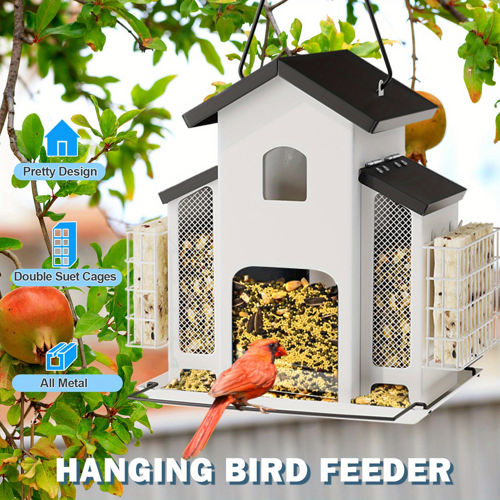 Hanging Metal Bird Feeder with Mesh Seed Compartments and Side Food Cages, House-Shaped Outdoor Feeding Station in Blue, Red or White for Backyard Birdwatching