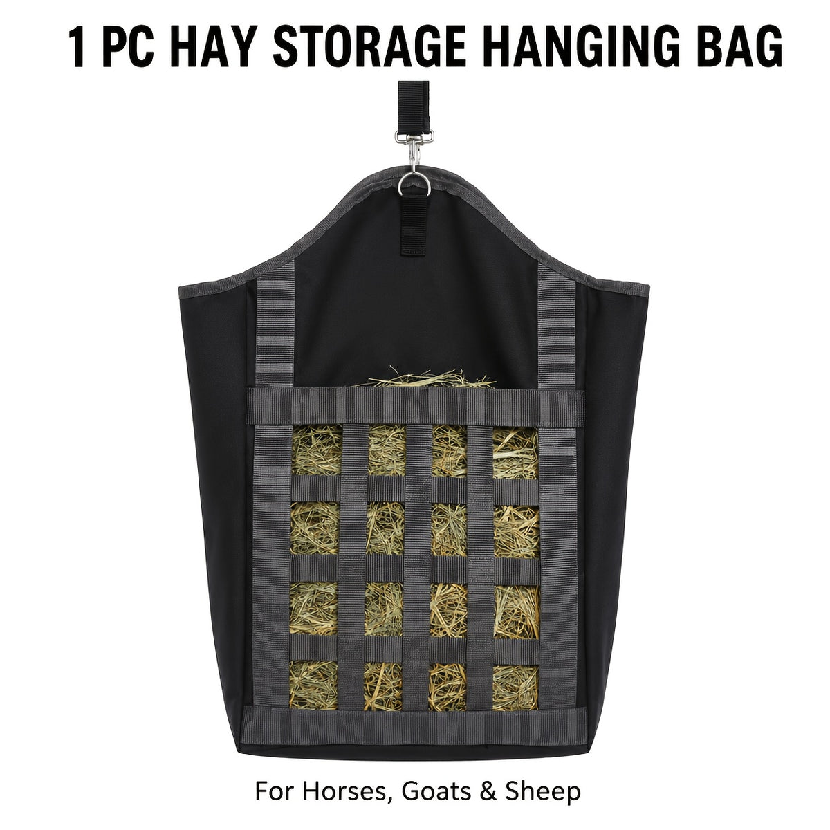 Hanging Hay Feeder Bag for Horses, Goats and Sheep, Open-Top Forage Holder with Grid Feeding Panel for Barn Stalls, Fences and Trailers