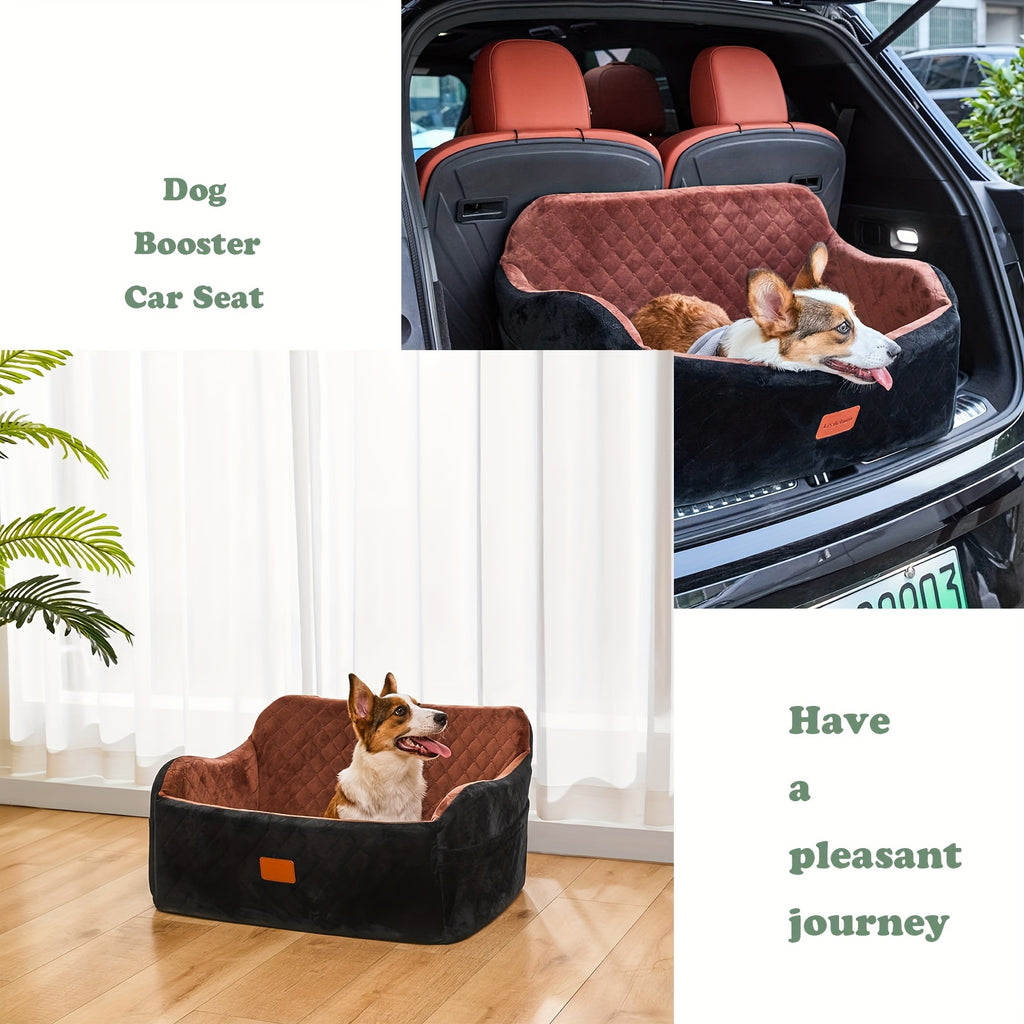 Memory Foam Dog Car Seat with 26 x 15 Inch Interior, Washable Travel Bed with Non-Slip Bottom, Headrest Strap and Tether for Medium Dogs