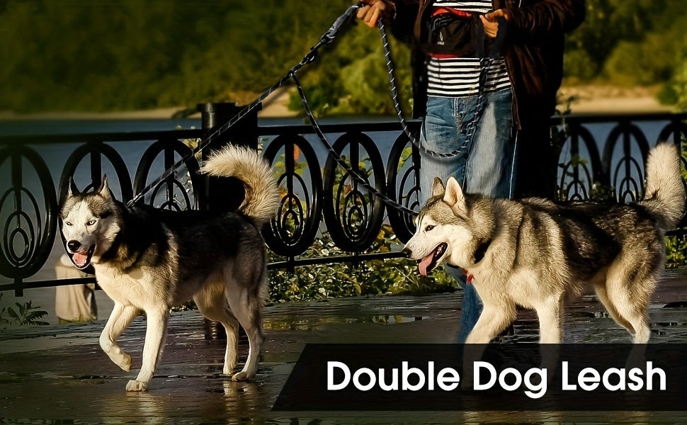 Double Dog Rope Leash with 360-Degree Swivel, Reflective Nylon Lead and Padded Foam Handle for Walking Two Small Dogs or Puppies