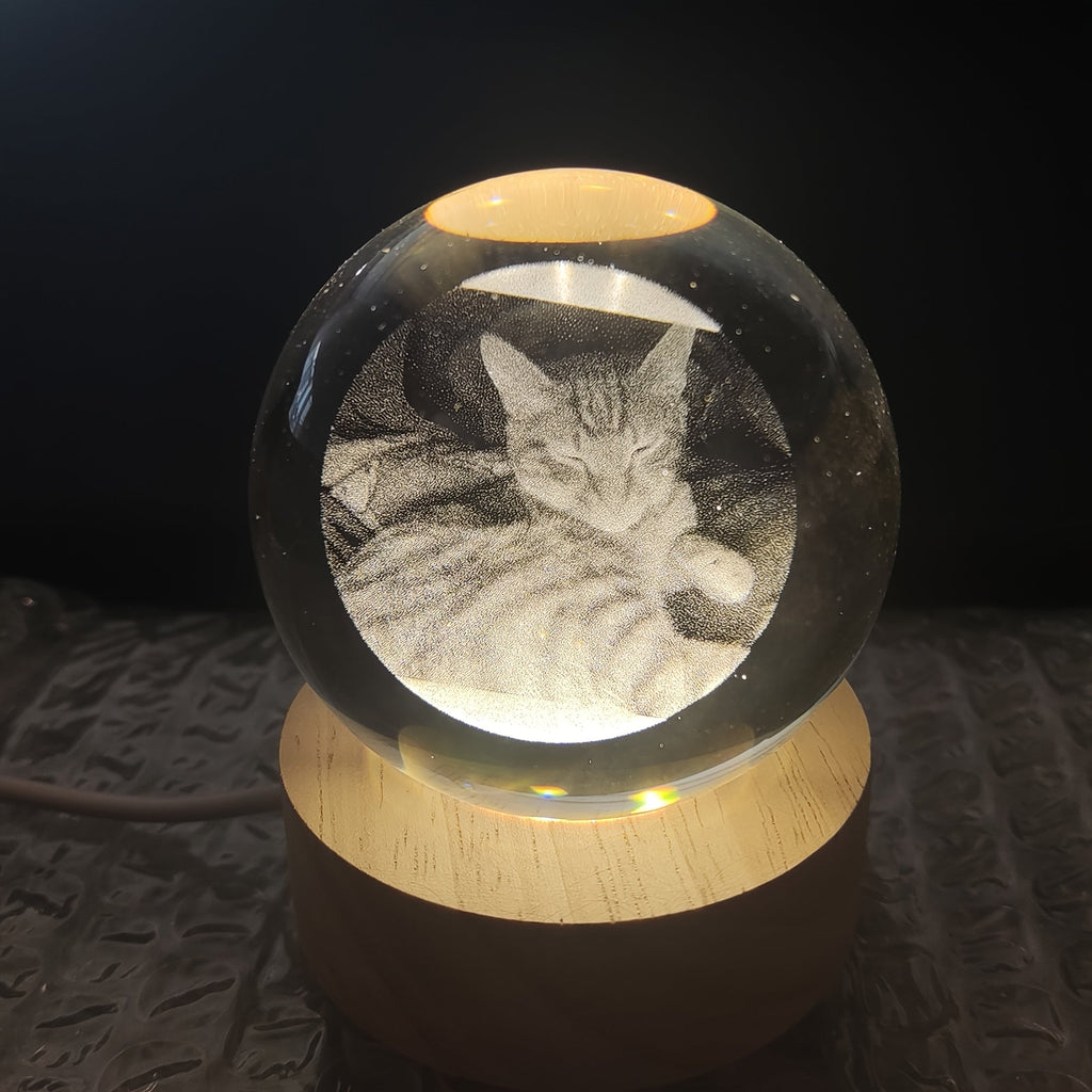 Personalized Pet Photo Crystal Ball with Laser Engraving, Custom Name and Date Keepsake with Warm Base for Dog and Cat Lover Gifts
